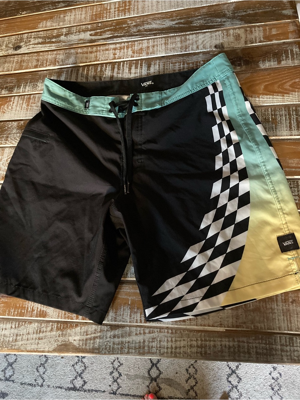 Vans Black Swim Shorts with Green-to-Yellow Gradient and Checkered Panel